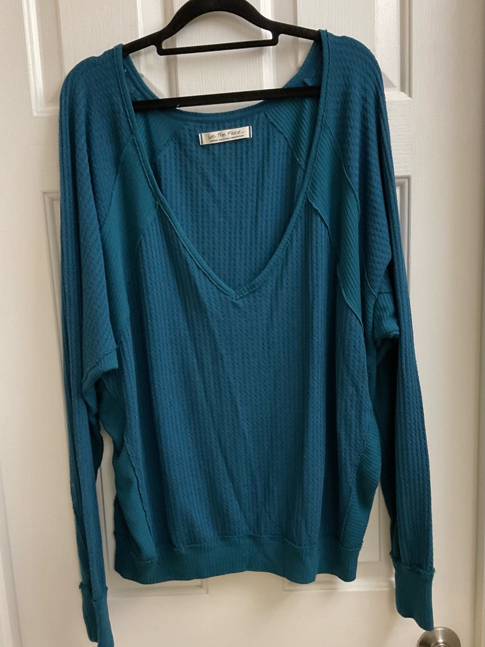 WE THE FREE Teal V-Neck Waffle-Knit Pullover Size M